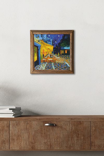 Pinecone Vincent Van Gogh Café Night on the Terrace Stone Wall Painting Wood Framed Wall Decor Wall Art 25x25cm