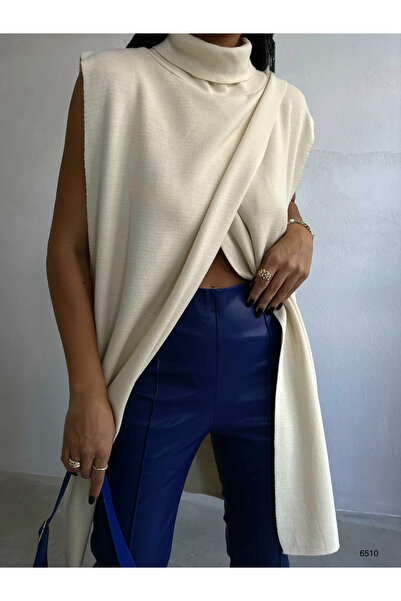 BLACK Kadın Asimetrik Kesim Balıkçı Yaka Kolsuz Bej Panço