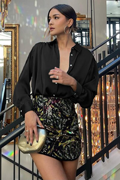 Madmext Siyah Basic Kadın Saten Gömlek Mg1326