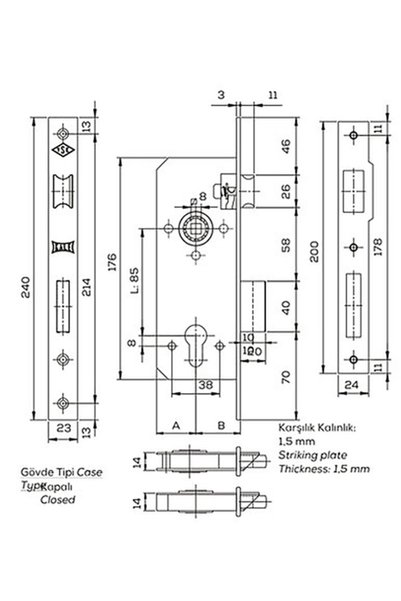 KALE Lock 152r Cylinder Recessed Door Lock 35 Mm (WITHOUT BARELESS)