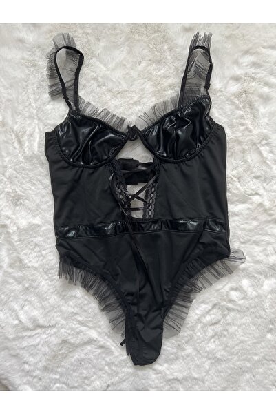 Guguck Siyah Sırtı Açık Fantezi Kostümü,Parlak Seksi Gecelik Fs116