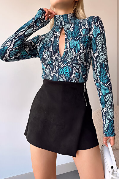 LACHT Bluză de damă din viscoză cu detaliu de fereastră albastră cu model șarpe