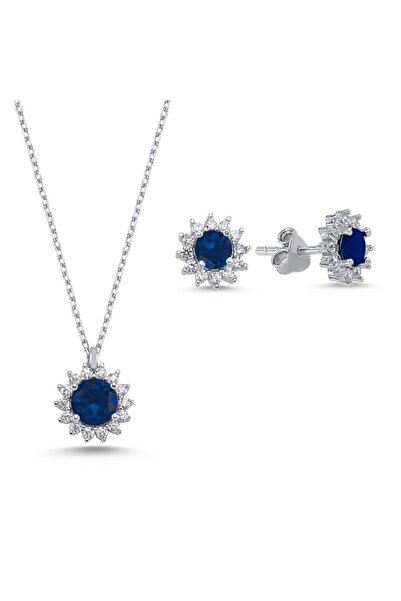 Halo Tektaş Renkli Zirkon Taşlı Set-Safir zirkon (lacivert)