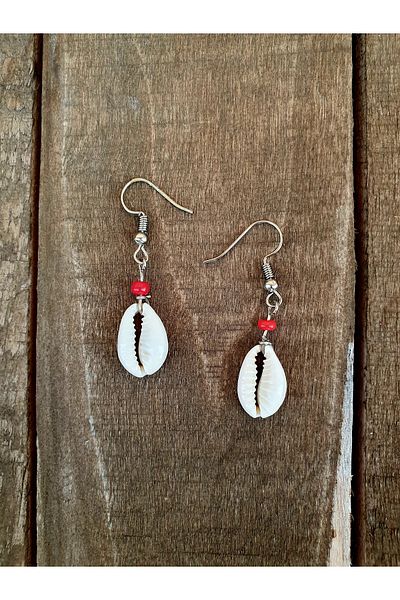 özde dekor Real Seashell, Colorful Beaded Earrings (RED)