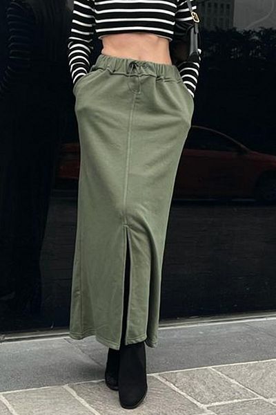 Madmext Khaki Green Women's Midi Skirt with Slit Detail on the Front Mg1614