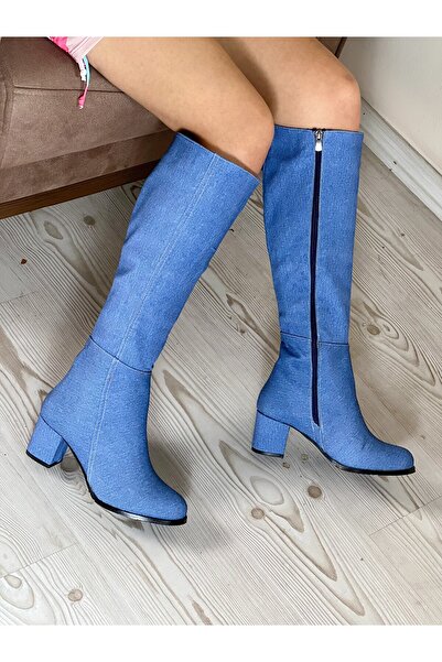 irmona Felipe Jean mavi Kot Diz Altı Fermuarlı Topuklu Çizme