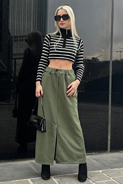 Madmext Khaki Green Women's Midi Skirt with Slit Detail on the Front Mg1614