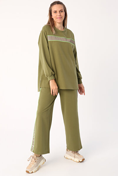 ALLDAY طقم بدلة رياضية مزينة بأنابيب نيون لامعة باللون الكاكي الفاتح