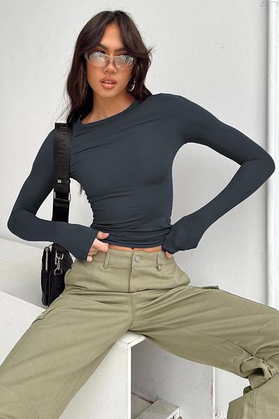 Madmext Geräucherter, langärmliger Basic-Body mit Rundhalsausschnitt Mg1701