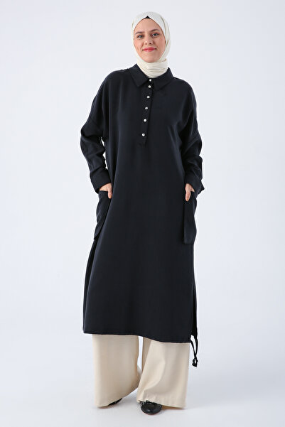 ALLDAY Black Bat Sleeve Tunic with Gather Detail and Large Pockets
