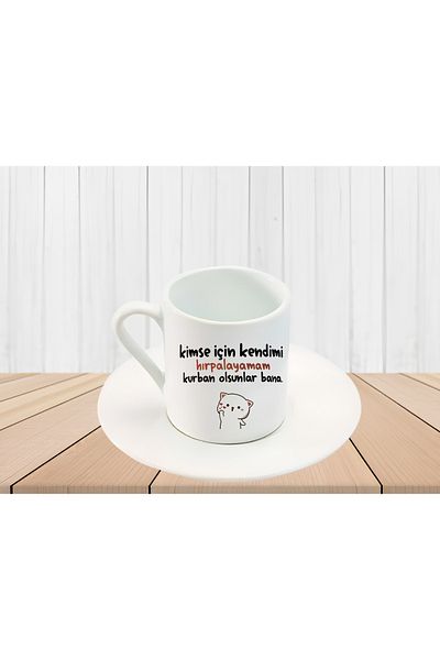 GünayStore MOCHI CAT PRINTED TURKISH COFFEE CUP WITH WRITTEN I CAN'T BEAT MYSELF FOR ANYONE, THEY MUST BE A SACRIFICE