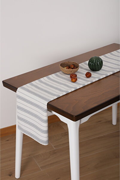 KAMİZ Organic Washed Light Gray Striped Linen Runner 40x150 Cm