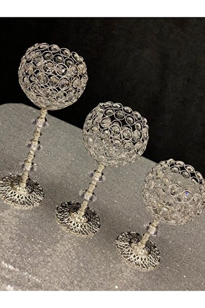 Besthırdavat Kristal Taşlı Ayaklı Gümüş Şamdan 3'lü Set
