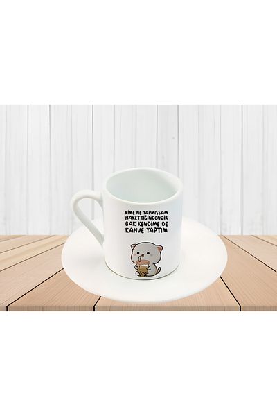 GünayStore TURKISH COFFEE CUP WITH MOCHI CAT PRINTED WITH THE WRITTEN LOOK AT MYSELF COFFEE