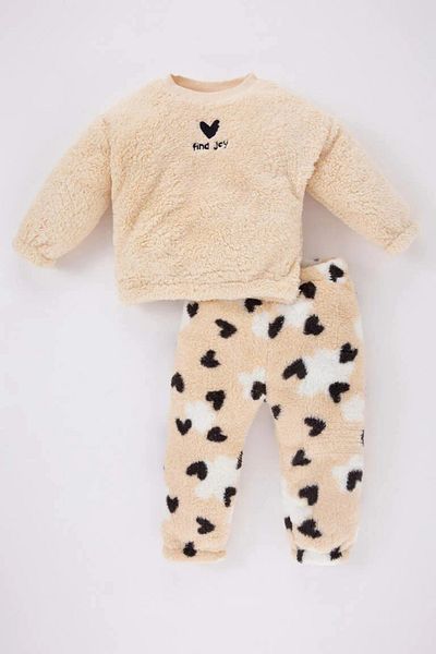 DeFacto Baby Girl Heart Patterned Plush Sweatshirt Sweatpants Set of 2
