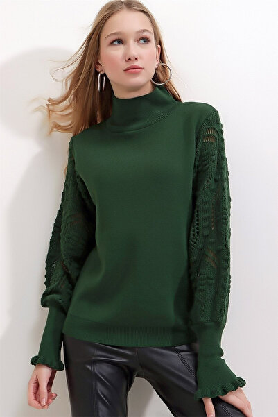 CoolLook Boyunlu Dik Yakalı Uzun Balon Dantel Deyaylı Kol Ucu Fırfır Kol Esnek Tarz Kışlık Sıcak Triko Kazak