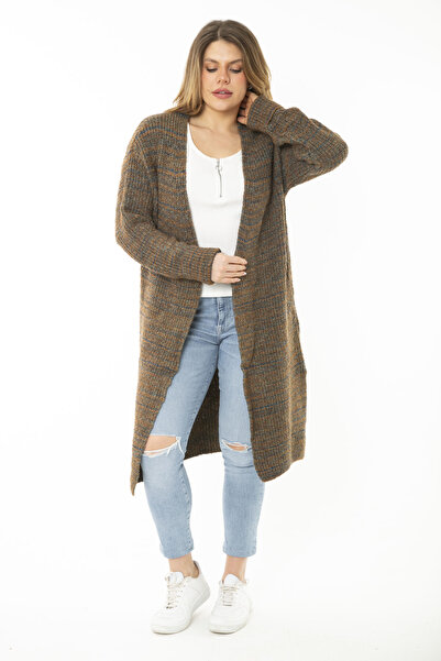 Şans Γυναικεία Πλεκτά Πλεκτά Χακί Μεγάλου Μεγέθους Μακριά Ζακέτα 65N37169