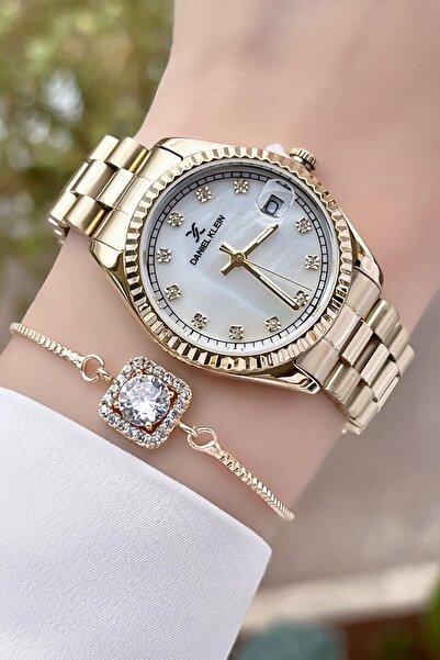 Daniel Klein Brand Gold Color Calendar Wrist Watch + Bracelet