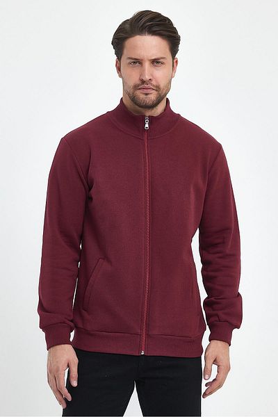 COMEOR Men's Claret Red Cardigan with Cotton Zippered Stand Collar and Side Pockets