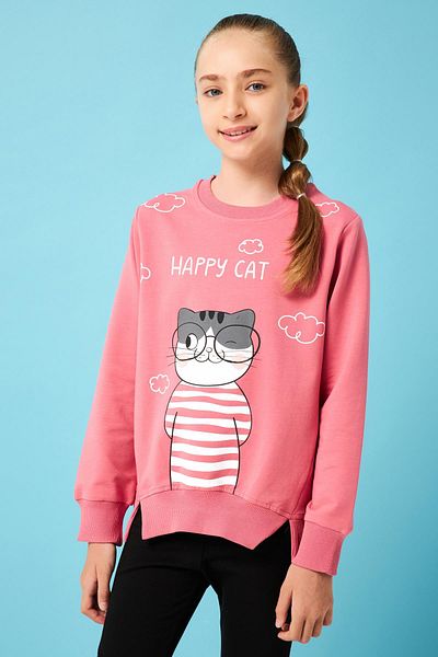 Perendi طقم بناتي بطبعة Happy Cat مع تفاصيل طماق Dried Rose