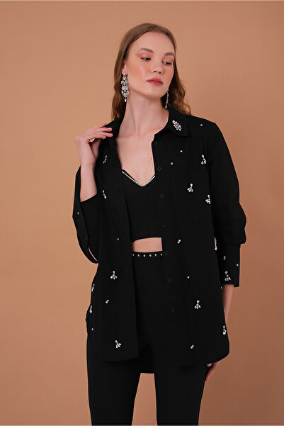 Yake Parlak Taşlı Siyah Poplin Gömlek