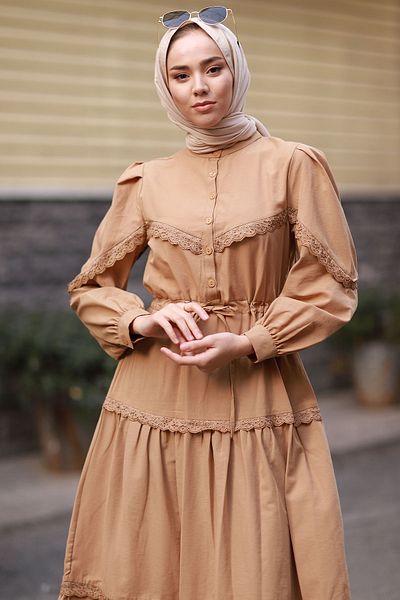 InStyle Guipure Λεπτομέρεια Balloon Sleeve Hijab Dress - Mink