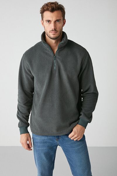 GRIMELANGE Matts Men's Fleece Half Zipper Thick Textured Oversize Fit Sweatshirt