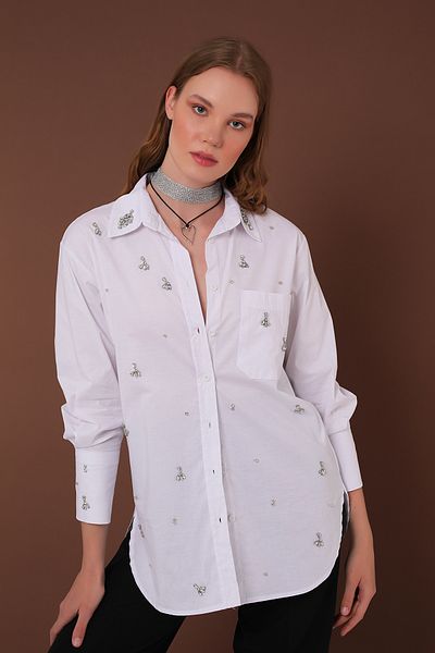 Yake Ecru Poplin Shirt with Shiny Stones