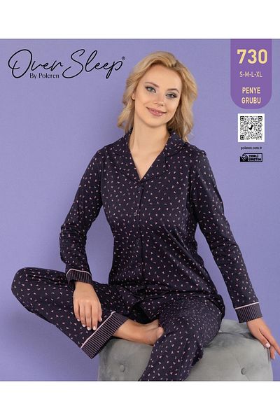 Over Sleep by Poleren Long Sleeve Shirt Collar Cotton Women's Pajamas Set