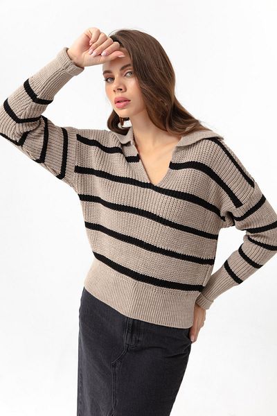 Lafaba Women's Mink Polo Neck Striped Knitwear Sweater