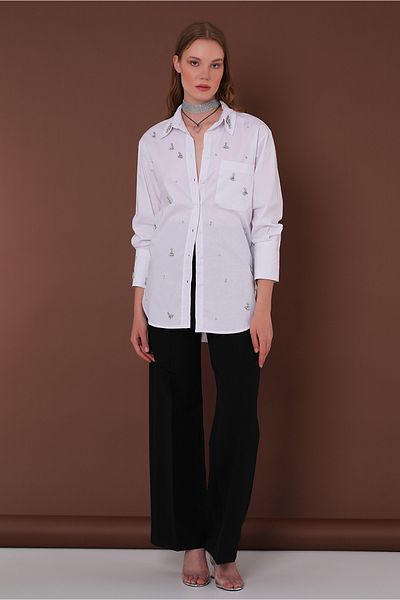 Yake Ecru Poplin Shirt with Shiny Stones