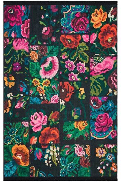 Çam Halı Gloria Td3251 Siyah Karabağ Patchwork Desen Dokuma Saçaklı Kilim