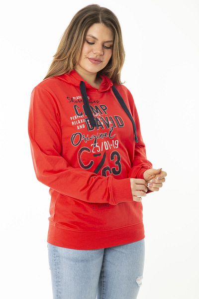 Şans Women's Large Size Red Two Thread Front Printed Hooded Sweatshirt 65N37161