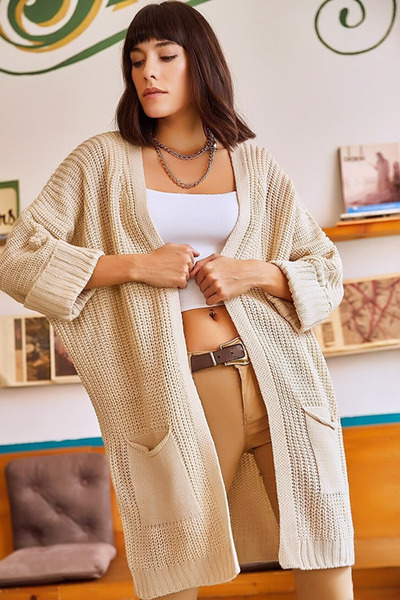CoolLook V-neck Folded Double Quarter Sleeve Double Pocket Non-Closing Relaxed Fit Lycra Loose Warm Knitwear Cardigan
