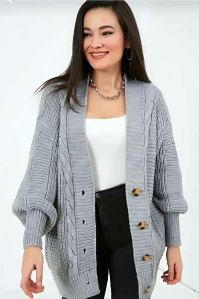 CoolLook سترة تريكو سميكة ذات ياقة على شكل حرف V وأكمام طويلة فضفاضة وأزرار