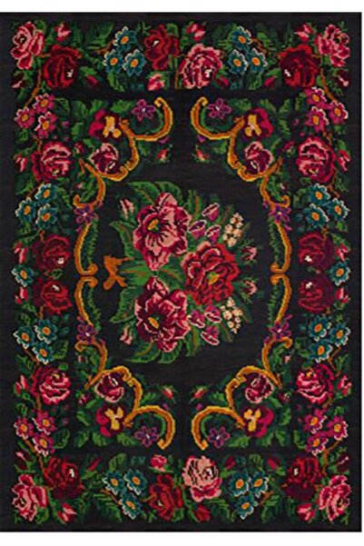 Çam Halı Gloria Td732 Siyah Karabağ Desen Dokuma Saçaklı Kilim