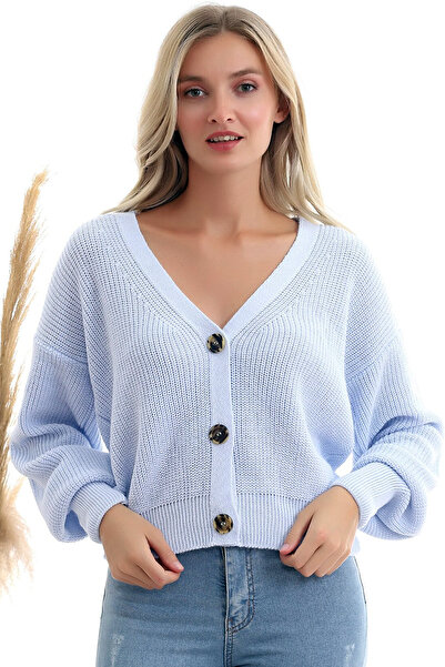 CoolLook V Yakalı Uzun Kol Üç Düğme Detaylı Rahat ve Bol Kesim Tarz Esnek Kısa Triko Hırka