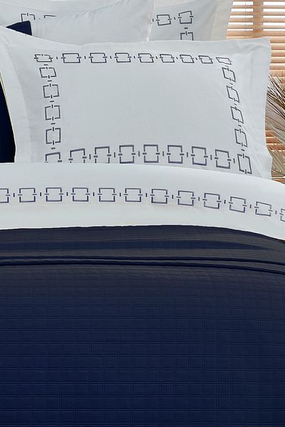 Evlen Home Collection Danilo Embroidered 100% Cotton Pique Bedspread - Dowry Set, Duvet Cover, Cream/Navy (9 Pieces)