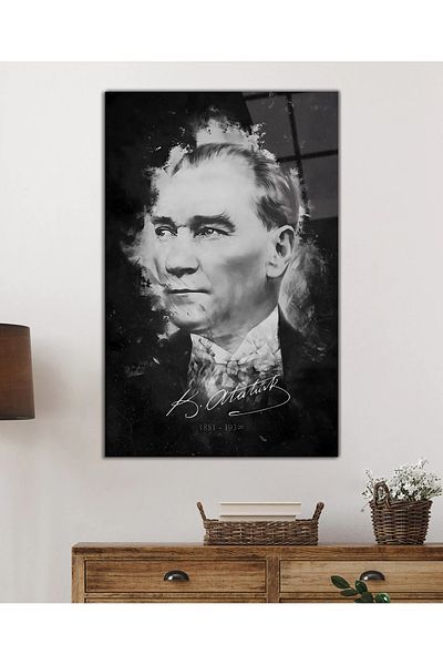 Rosyvien Signed Mustafa Kemal Atatürk Portrait Glass Painting, Black and White, Home Office School Wall Decor, Gift