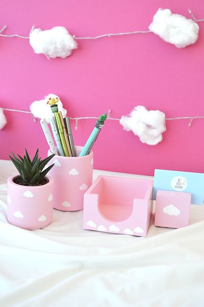 Bİ DOLU DÜKKAN Cloudy Five Piece Office Set| Pen Holder Flower Pot Plant Notepad Holder Business Card Holder