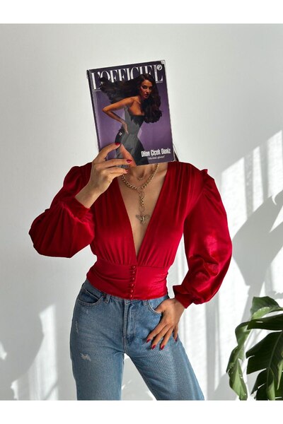 ÇEÇİM المرأة DEGAJE طوق الأميرة زر الأكمام مفصلة اللؤلؤ المخملية BLUZ ZYN-58541