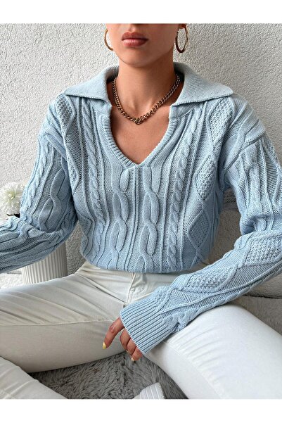 AQE FASHION Örgü Desenli Polo Yaka Dekolte Detaylı Triko Kazak Bebe Mavisi