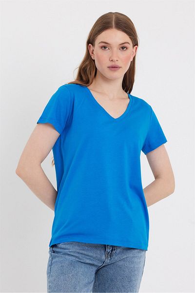 VENA Tricou Boyfriend cu decolteu în V Regular Fit (Modal) - Safir