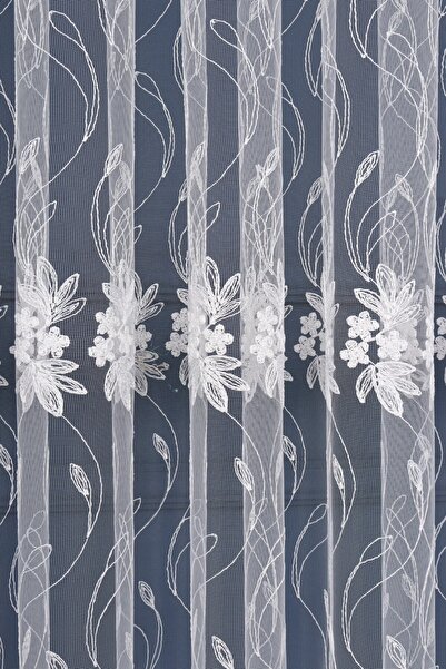 WİNSEV Çiçek Desenli Brode Nakış Işlemeli Tül Perde (1/3 Sık Pile) EKRU