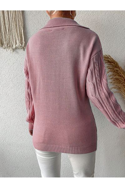 AQE FASHION Knit Patterned V-Neck Knitwear Sweater PUDRA