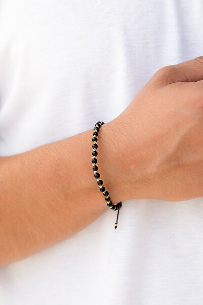 Cenova Jewelry 14 Ayar Altın Küçük Oniks Boncuklu Erkek Bileklik