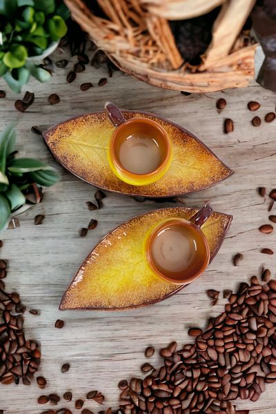 Artistic Quality Decorative Walnut Leaf Figured Tea Coffee Cup Set in Yellow and Coffee Colors for 2 People