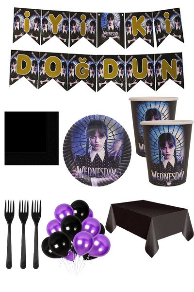 Parti dolabı 8 Kişilik Wednesday Tabak, Bardak Yazı Balon Seti, Addams Wednesday Parti Doğum Günü Parti Süsleri