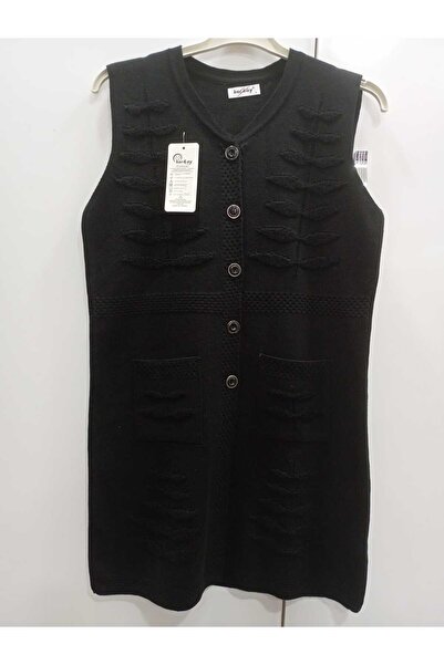 NUR TEKSTİL kadın siyah çelik örgü düğmeli cepli ara boy yelek