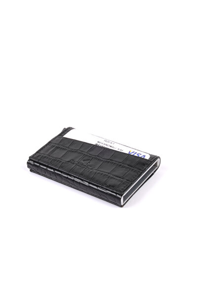 Eminsa Black Crocodile Leather Mechanical Card Holder